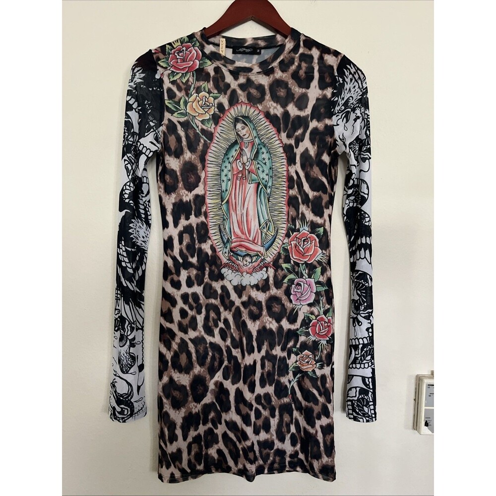 Y2K Ed Hardy Dolls Kill Mesh Mini Dress Virgin Mary Lined Body Women Dress SZ M